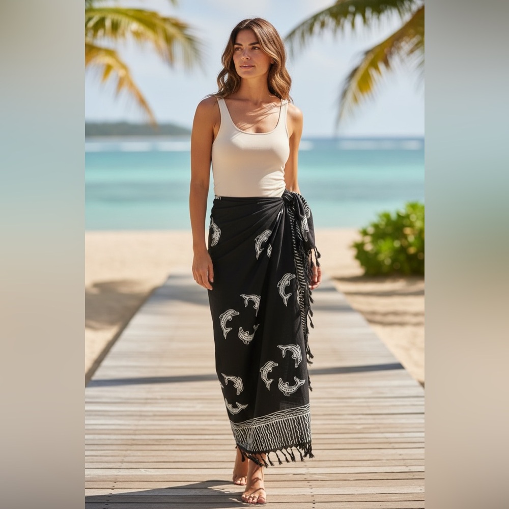 Sarong Beach Wrap Scarf Coverup w Fringe in Black & White - Picture 5 of 13